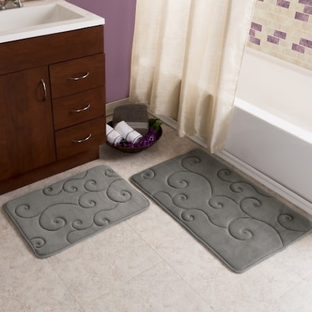 Hastings Home 2 pc Memory Foam Bath Mat Set by Hastings Home -Coral Fleece Embossed Pattern - Platinum 588220MKH
